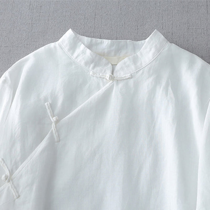 Buddha Stones無地 フロッグボタン 七分袖 ダブルレイヤー コットンリネンシャツ - image 3