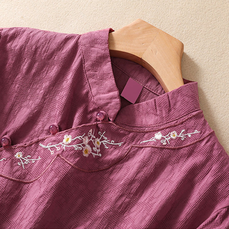 Buddha Stones梅刺繍カエルボタン半袖コットンリネンシャツ - image 35