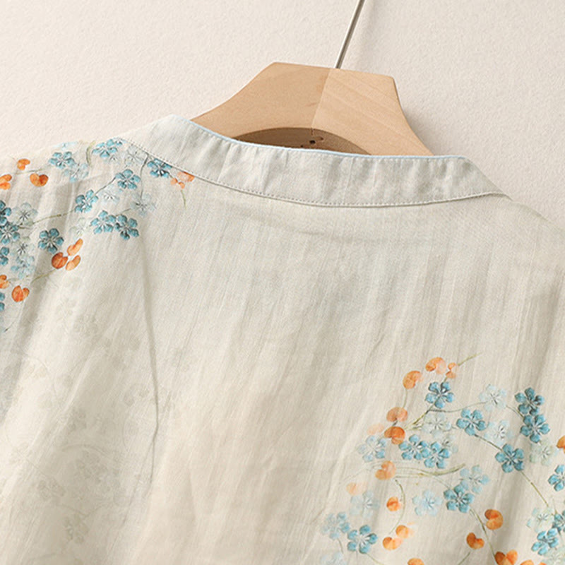 Buddha Stones、青い花、オレンジ色の葉、カエルボタンの七分袖コットンリネンシャツ - image 4