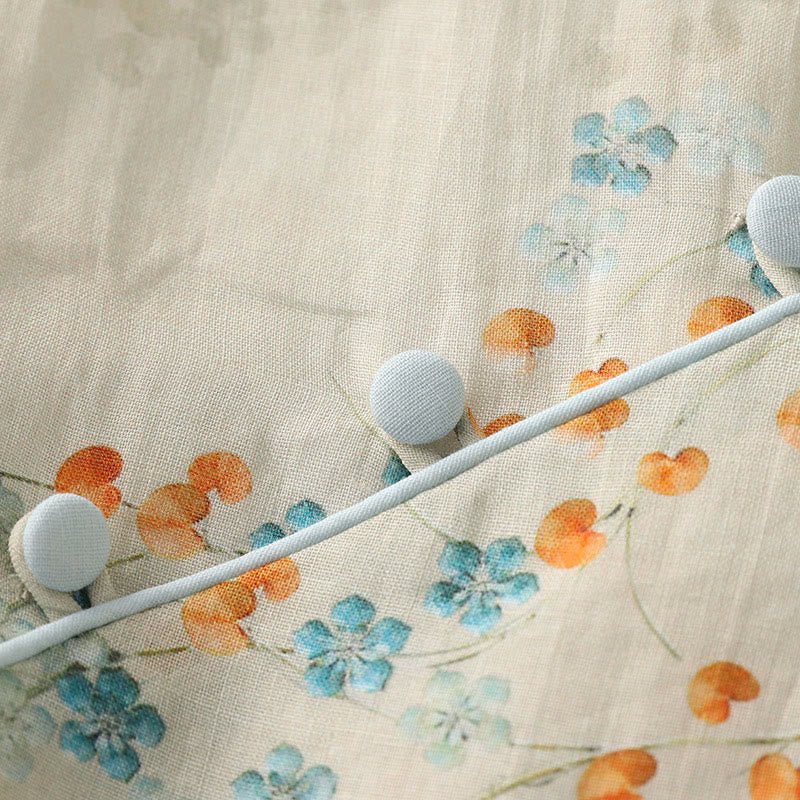 Buddha Stones、青い花、オレンジ色の葉、カエルボタンの七分袖コットンリネンシャツ - image 7