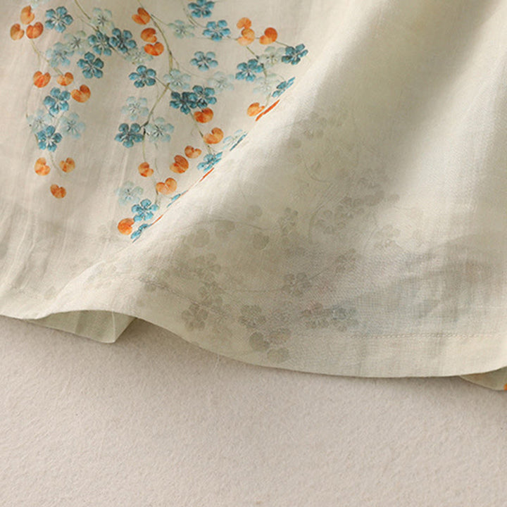 Buddha Stones、青い花、オレンジ色の葉、カエルボタンの七分袖コットンリネンシャツ - image 8