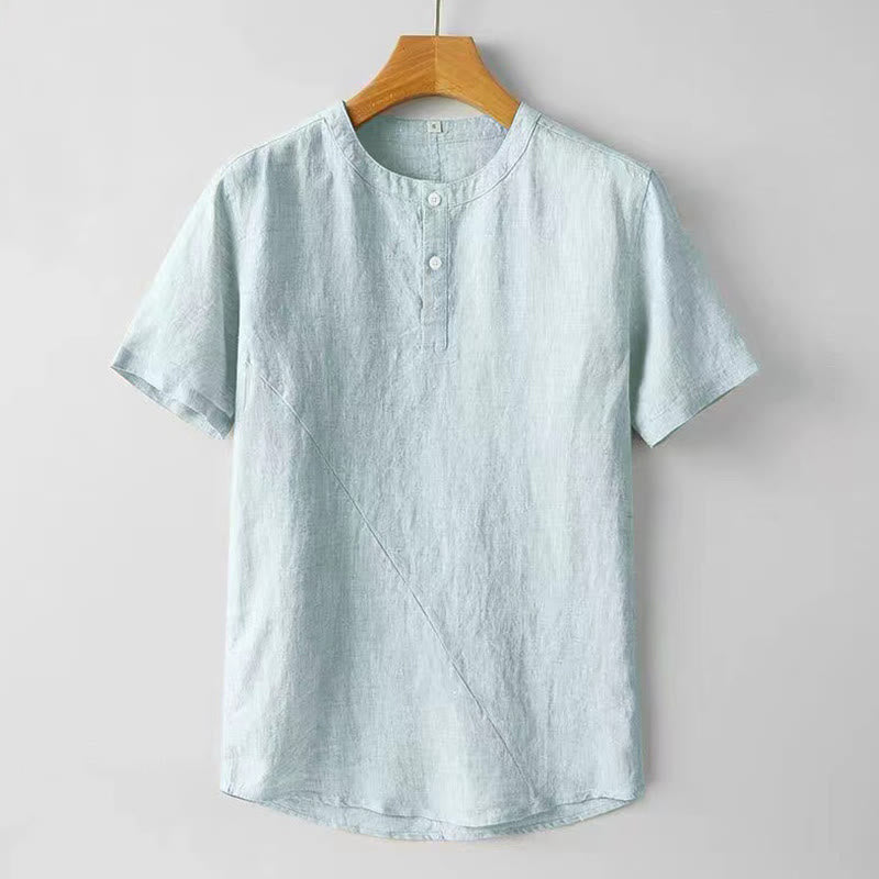 Buddha Stones 夏用 メンズ 半袖 シャツ 無地 コットンリネン素材 ボタン付き - パウダーブルー - US/UK/AU48、 EU58 (4XL) - image 11