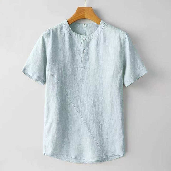 Buddha Stones 夏用 メンズ 半袖 シャツ 無地 コットンリネン素材 ボタン付き - パウダーブルー - US/UK/AU48、 EU58 (4XL) - image 10