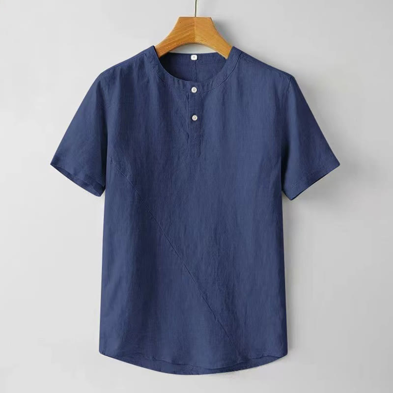 Buddha Stones 夏用 メンズ 半袖 シャツ 無地 コットンリネン素材 ボタン付き - スティールブルー - US/UK/AU48、 EU58 (4XL) - image 11