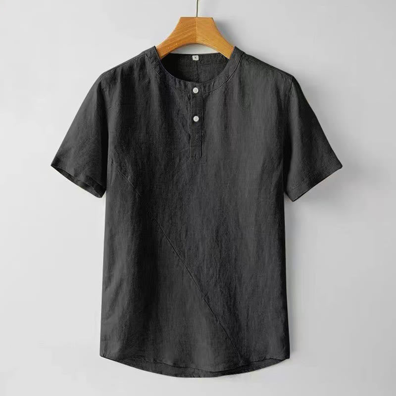 Buddha Stones 夏用 メンズ 半袖 シャツ 無地 コットンリネン素材 ボタン付き - 黒 - US/UK/AU48、 EU58 (4XL) - image 7