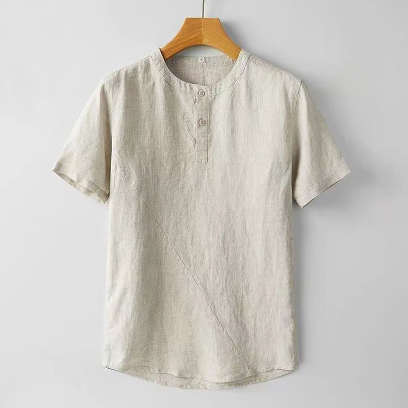 Buddha Stones 夏用 メンズ 半袖 シャツ 無地 コットンリネン素材 ボタン付き - リネン - US/UK/AU48、 EU58 (4XL) - image 1