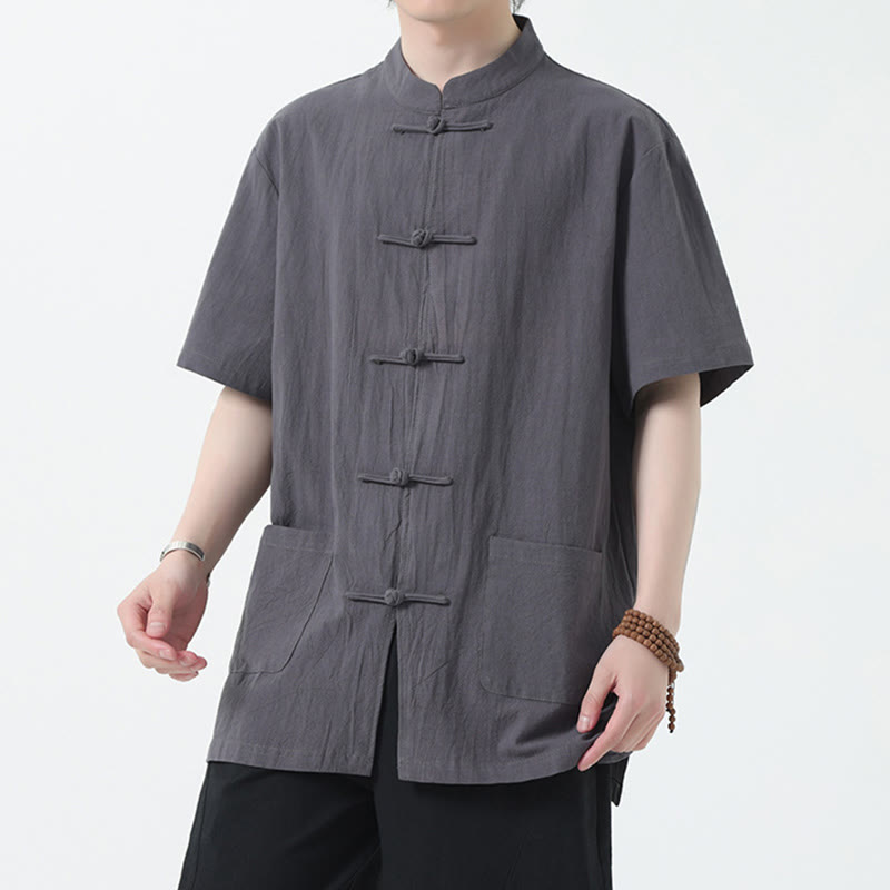 Buddha Stonesカエルボタン 中国唐装 半袖シャツ リネン メンズ ポケット付き - グレー - US/UK/AU46、 EU56 (5XL) - image 13