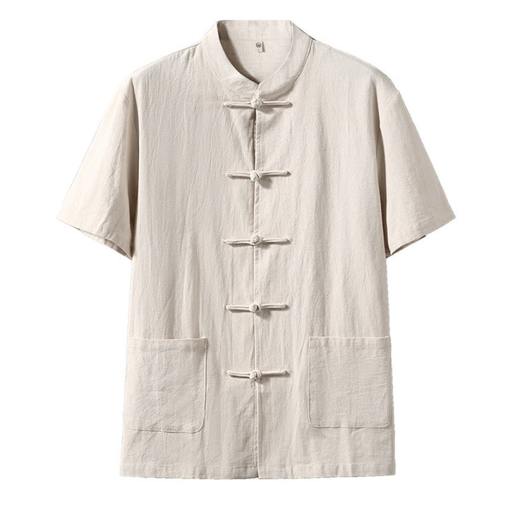 Buddha Stonesカエルボタン 中国唐装 半袖シャツ リネン メンズ ポケット付き - リネン - US/UK/AU46、 EU56 (5XL) - image 7