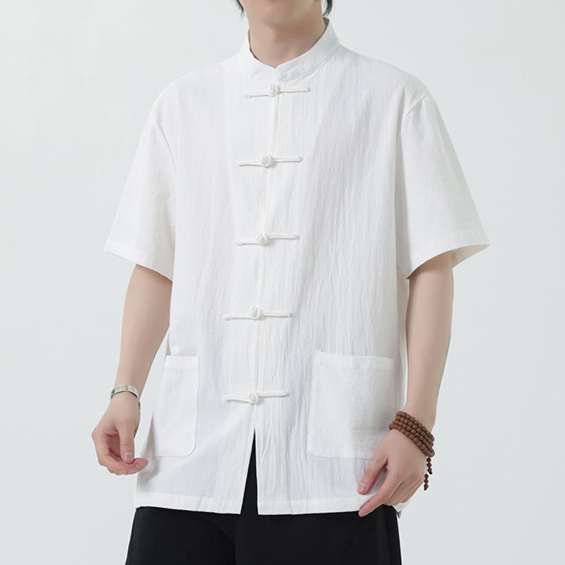 Buddha Stonesカエルボタン 中国唐装 半袖シャツ リネン メンズ ポケット付き - 白 - US/UK/AU46、 EU56 (5XL) - image 0