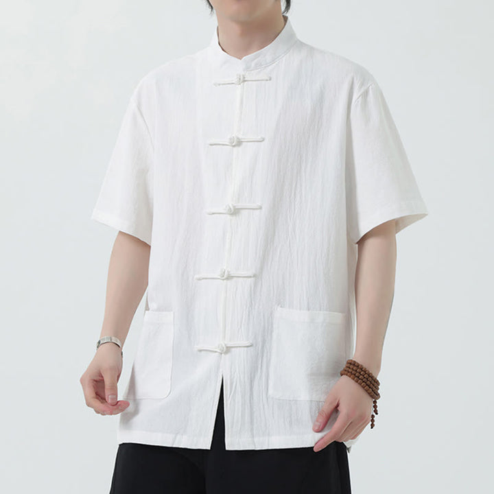 Buddha Stonesカエルボタン 中国唐装 半袖シャツ リネン メンズ ポケット付き - 白 - US/UK/AU46、 EU56 (5XL) - image 0