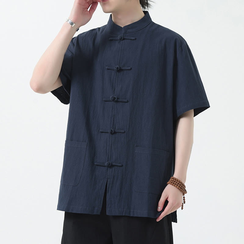 Buddha Stonesカエルボタン 中国唐装 半袖シャツ リネン メンズ ポケット付き - スティールブルー - US/UK/AU46、 EU56 (5XL) - image 11
