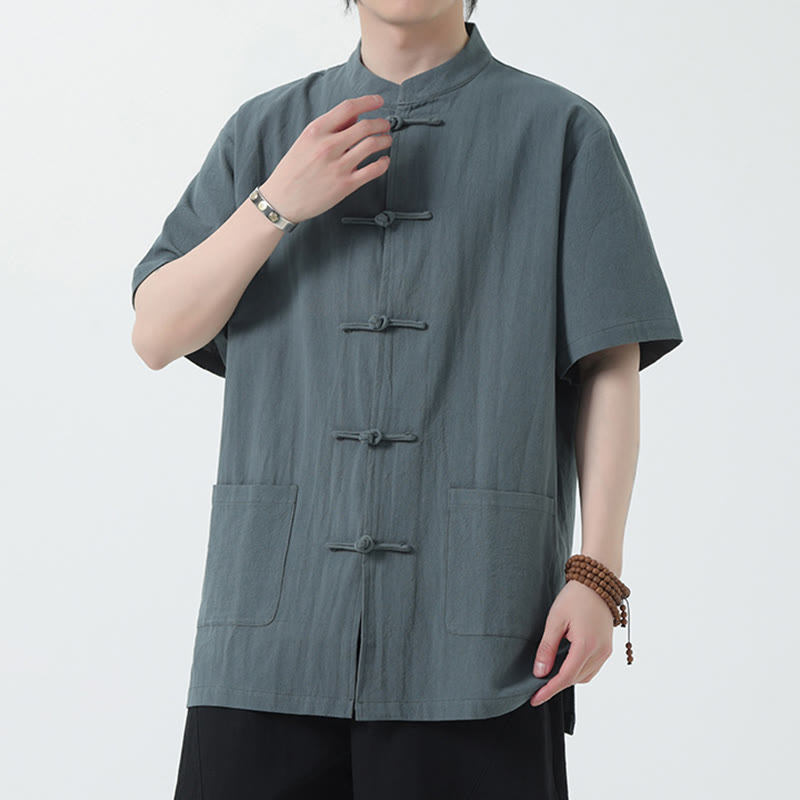 Buddha Stonesカエルボタン 中国唐装 半袖シャツ リネン メンズ ポケット付き - ライトスレートグレー - US/UK/AU46、 EU56 (5XL) - image 8