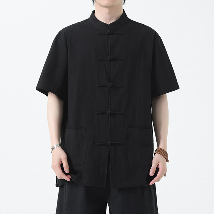 Buddha Stonesカエルボタン 中国唐装 半袖シャツ リネン メンズ ポケット付き - 黒 - US/UK/AU46、 EU56 (5XL) - image 3