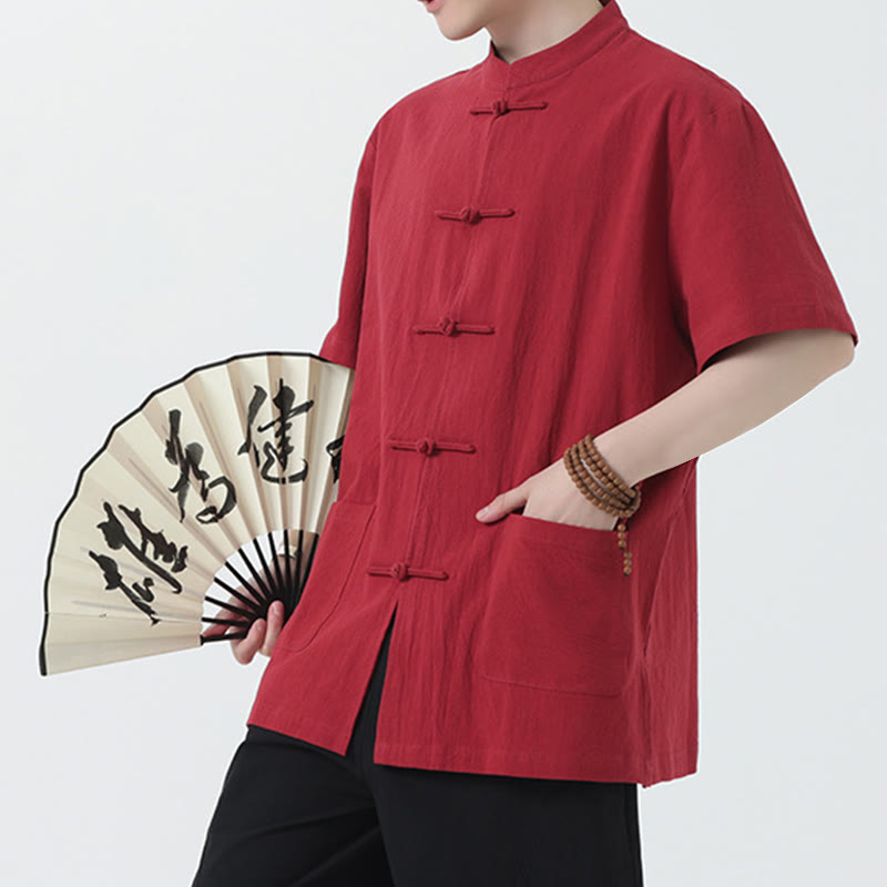 Buddha Stonesカエルボタン 中国唐装 半袖シャツ リネン メンズ ポケット付き - image 2