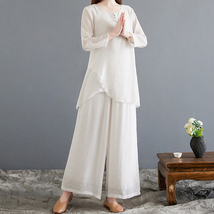 Buddha Stones 2点 カエルボタン 長袖シャツ ワイドレッグパンツ 瞑想用 コットンリネン 服