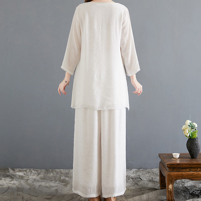 Buddha Stones 2点 カエルボタン 長袖シャツ ワイドレッグパンツ 瞑想用 コットンリネン 服