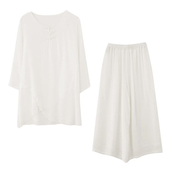 Buddha Stones 2点 カエルボタン 長袖シャツ ワイドレッグパンツ 瞑想用 コットンリネン 服