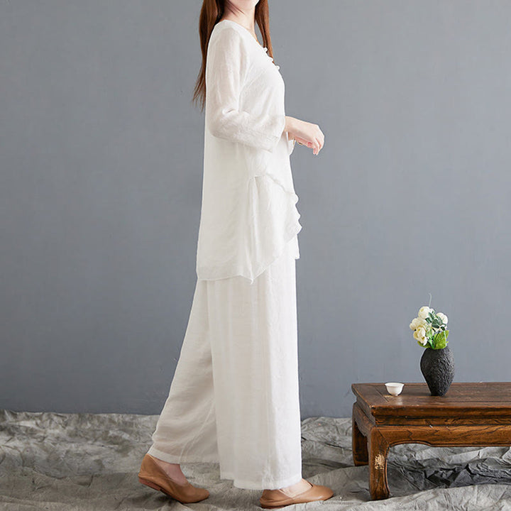 Buddha Stones 2点 カエルボタン 長袖シャツ ワイドレッグパンツ 瞑想用 コットンリネン 服