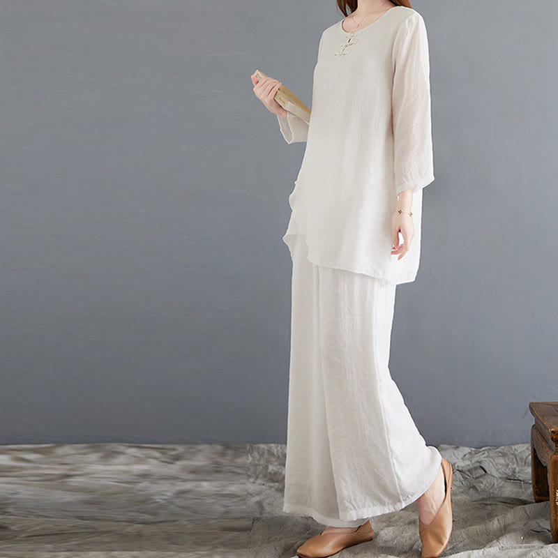 Buddha Stones 2点 カエルボタン 長袖シャツ ワイドレッグパンツ 瞑想用 コットンリネン 服