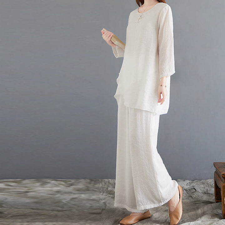 Buddha Stones 2点 カエルボタン 長袖シャツ ワイドレッグパンツ 瞑想用 コットンリネン 服