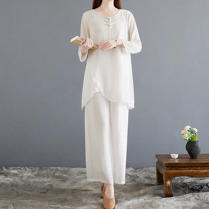 Buddha Stones 2点 カエルボタン 長袖シャツ ワイドレッグパンツ 瞑想用 コットンリネン 服
