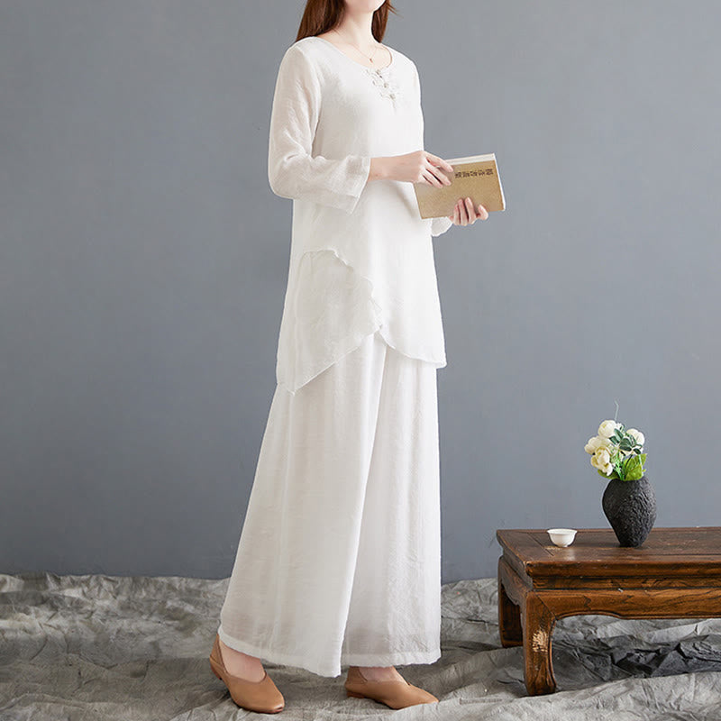 Buddha Stones 2点 カエルボタン 長袖シャツ ワイドレッグパンツ 瞑想用 コットンリネン 服