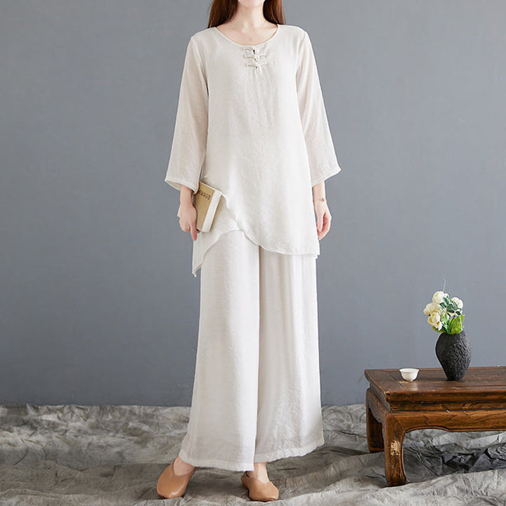 Buddha Stones 2点 カエルボタン 長袖シャツ ワイドレッグパンツ 瞑想用 コットンリネン 服