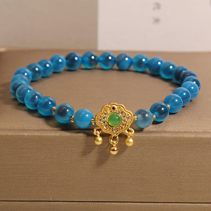 Buddha Stonesブルーキャンディアゲート 中国ロックチャーム ヒーリングブレスレット