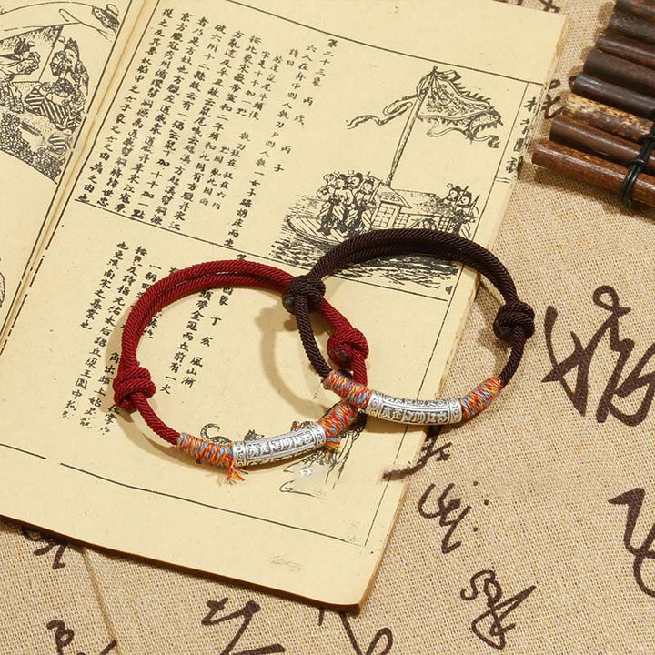 Buddha Stonesハンドメイド999スターリングシルバーオーム・マニ・パドメ・フムプロテクションロープブレスレット