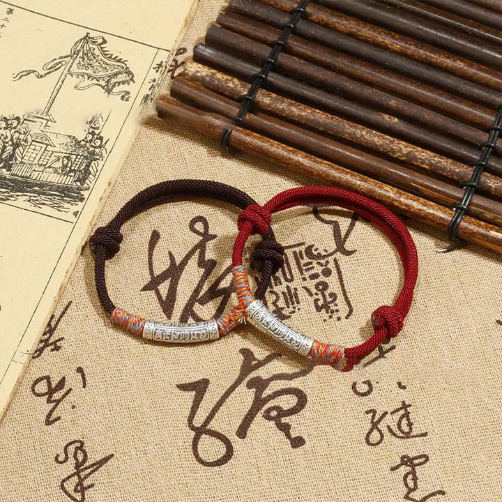 Buddha Stonesハンドメイド999スターリングシルバーオーム・マニ・パドメ・フムプロテクションロープブレスレット