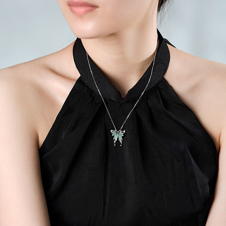 Buddha Stones925スターリングシルバー グリーンジェイド バタフライ 幸運ネックレス ペンダント