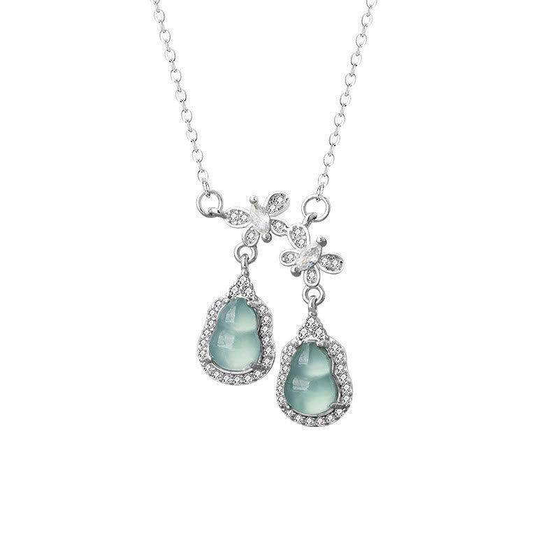 Buddha Stones 925スターリングシルバー グリーンジェイド ダブルひょうたん蝶 幸運のネックレスペンダント