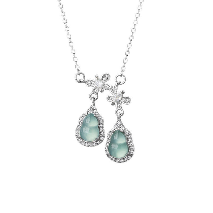 Buddha Stones 925スターリングシルバー グリーンジェイド ダブルひょうたん蝶 幸運のネックレスペンダント