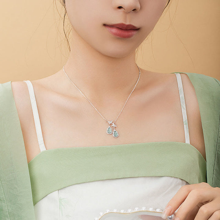 Buddha Stones 925スターリングシルバー グリーンジェイド ダブルひょうたん蝶 幸運のネックレスペンダント