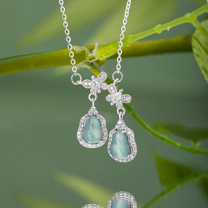 Buddha Stones 925スターリングシルバー グリーンジェイド ダブルひょうたん蝶 幸運のネックレスペンダント