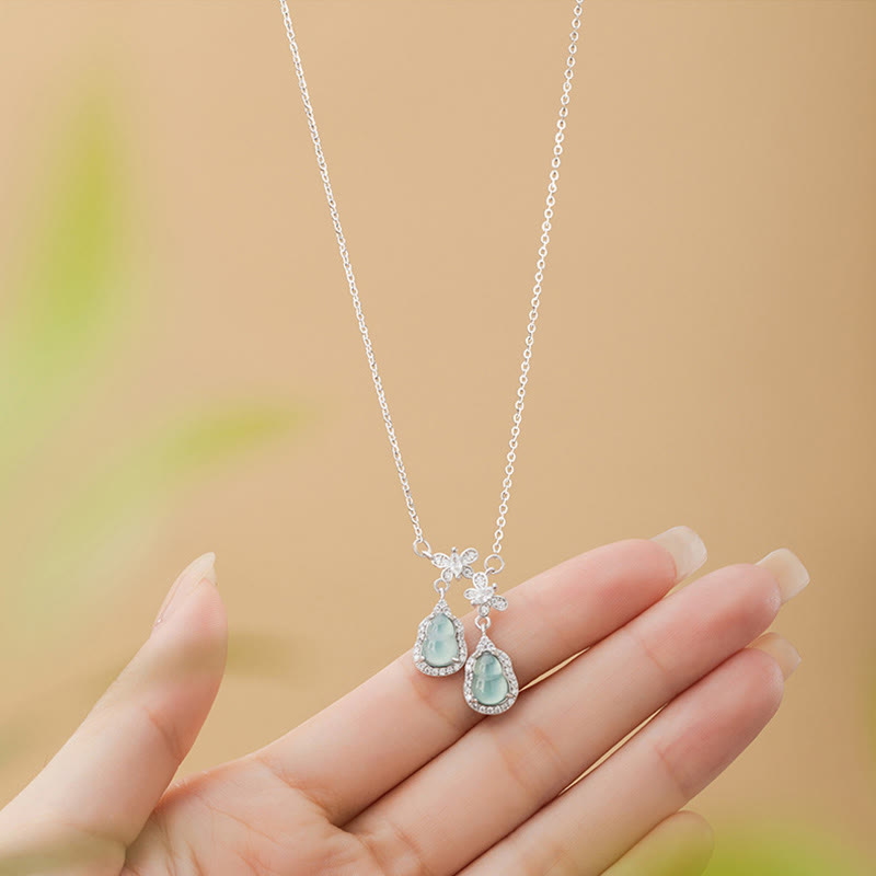 Buddha Stones 925スターリングシルバー グリーンジェイド ダブルひょうたん蝶 幸運のネックレスペンダント