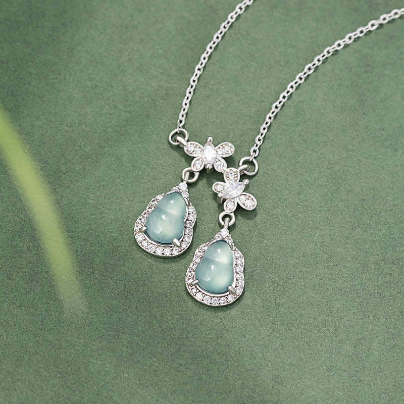 Buddha Stones 925スターリングシルバー グリーンジェイド ダブルひょうたん蝶 幸運のネックレスペンダント