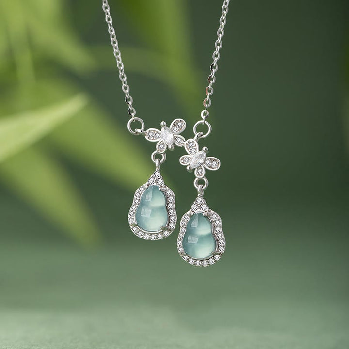 Buddha Stones 925スターリングシルバー グリーンジェイド ダブルひょうたん蝶 幸運のネックレスペンダント