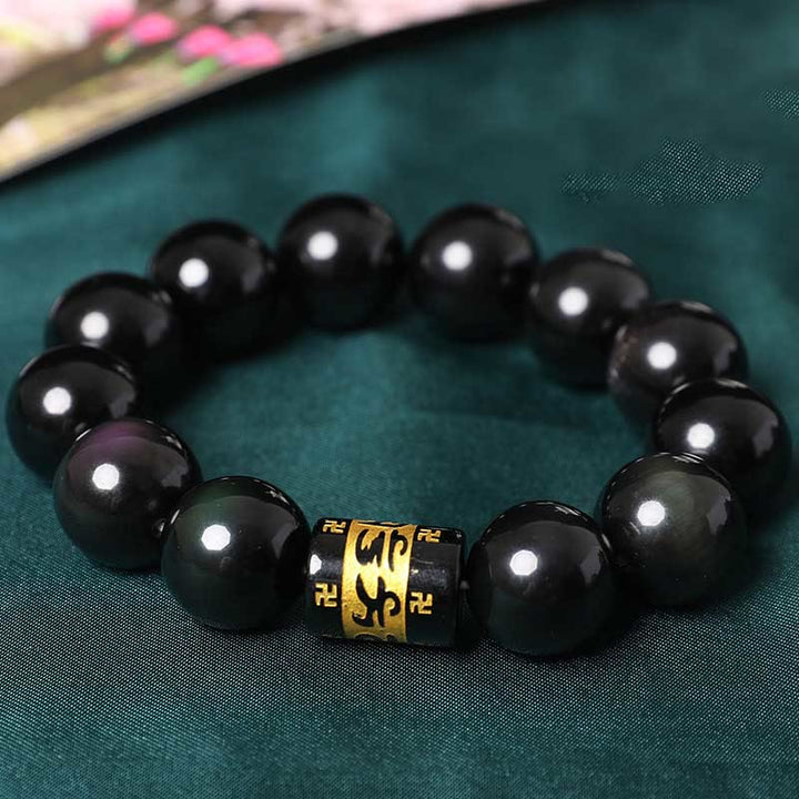 Buddha Stonesレインボーオブシディアンオーム・マニ・パドメ・フムスワスティカ幸運を呼ぶブレスレット