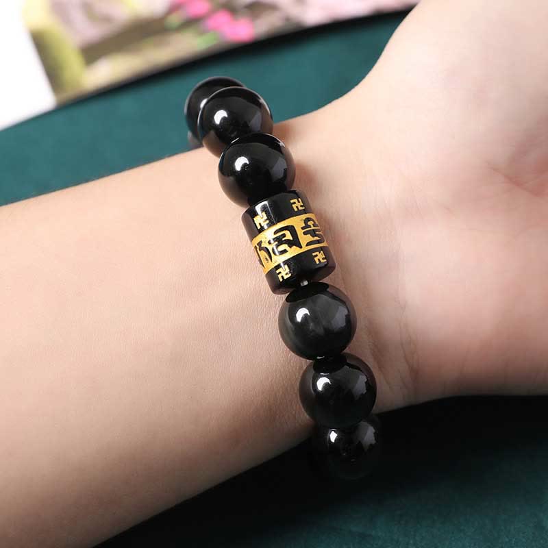 Buddha Stonesレインボーオブシディアンオーム・マニ・パドメ・フムスワスティカ幸運を呼ぶブレスレット