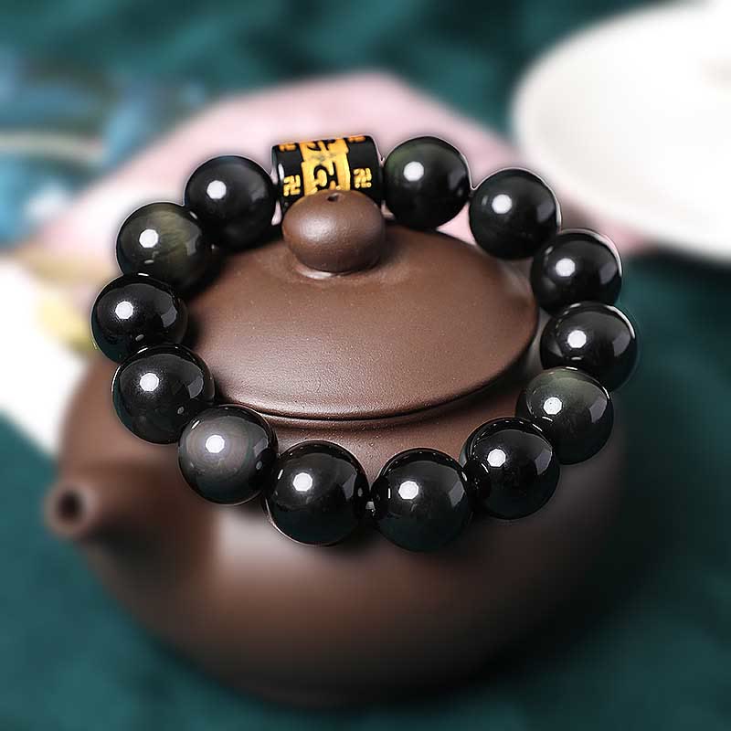 Buddha Stonesレインボーオブシディアンオーム・マニ・パドメ・フムスワスティカ幸運を呼ぶブレスレット