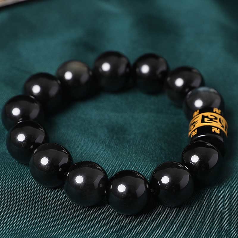 Buddha Stonesレインボーオブシディアンオーム・マニ・パドメ・フムスワスティカ幸運を呼ぶブレスレット