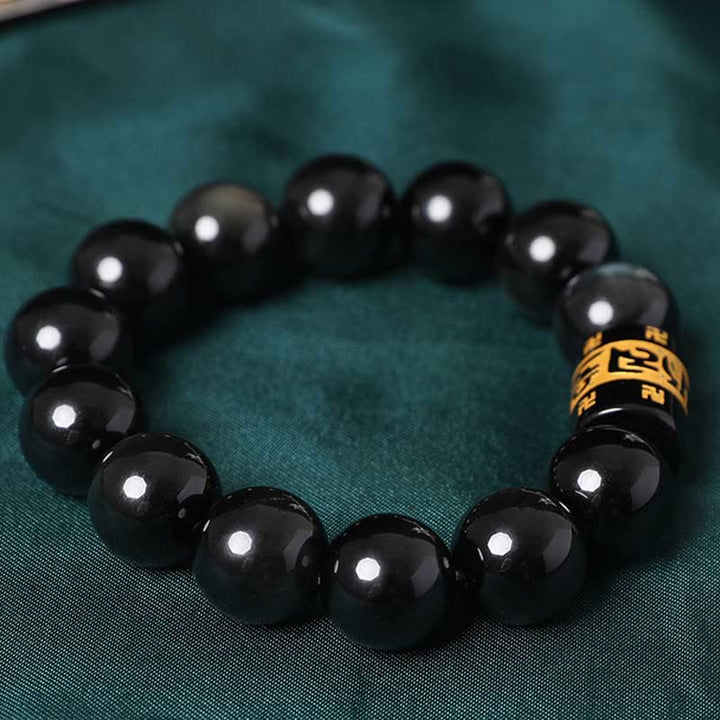 Buddha Stonesレインボーオブシディアンオーム・マニ・パドメ・フムスワスティカ幸運を呼ぶブレスレット