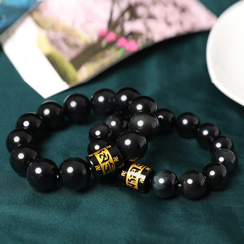 Buddha Stonesレインボーオブシディアンオーム・マニ・パドメ・フムスワスティカ幸運を呼ぶブレスレット