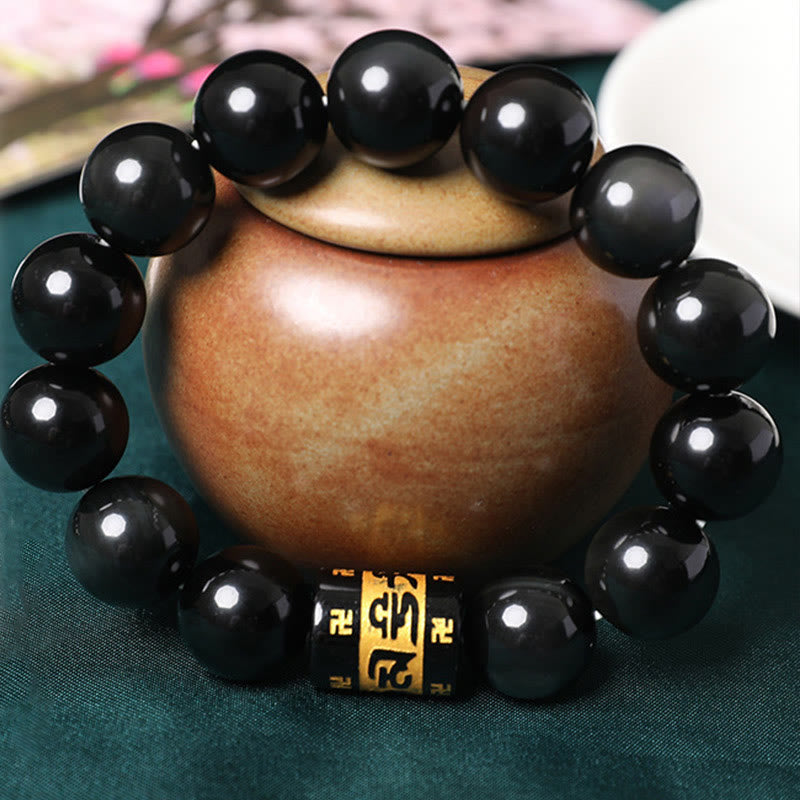 Buddha Stonesレインボーオブシディアンオーム・マニ・パドメ・フムスワスティカ幸運を呼ぶブレスレット