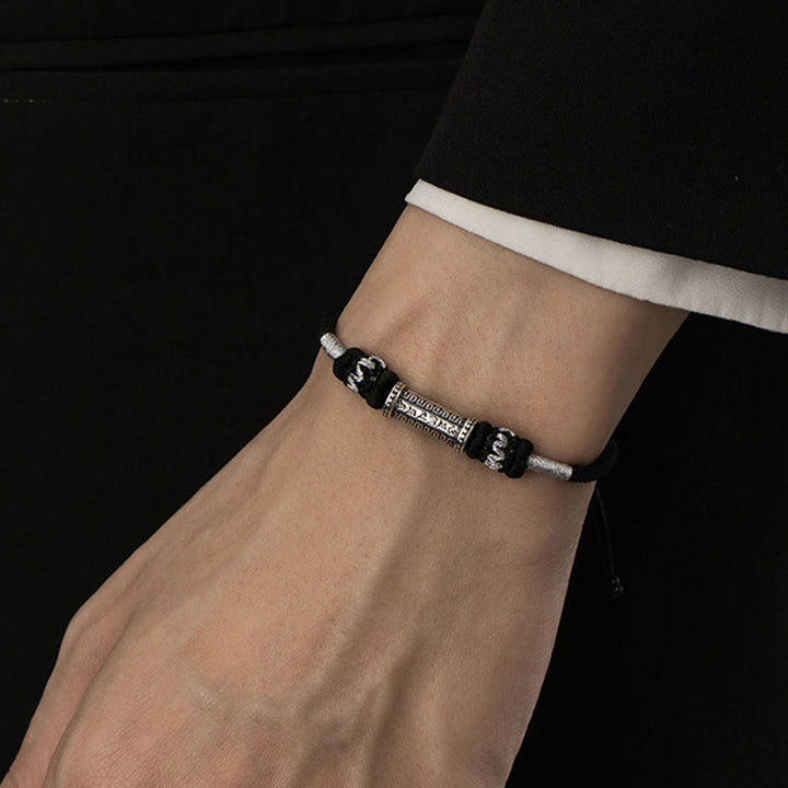Buddha Stones925スターリングシルバーオーム・マニ・パドメ・フムウィズダム編みロープブレスレット
