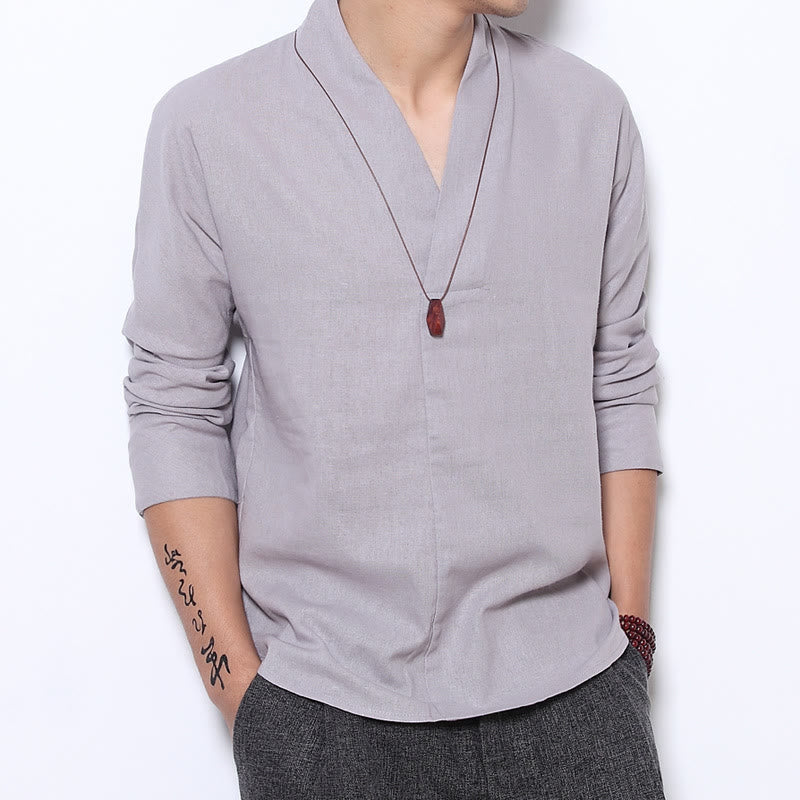 Buddha Stonesカジュアル Vネック 長袖シャツ リネン メンズ 服 - ゲインズボロ - US/UK/AU46、 EU56 (5XL) - image 1