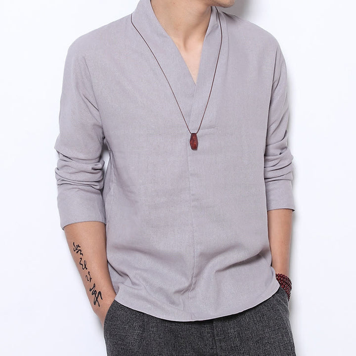 Buddha Stonesカジュアル Vネック 長袖シャツ リネン メンズ 服 - ゲインズボロ - US/UK/AU46、 EU56 (5XL) - image 1