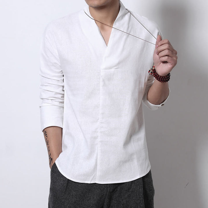 Buddha Stonesカジュアル Vネック 長袖シャツ リネン メンズ 服 - 白 - US/UK/AU46、 EU56 (5XL) - image 3