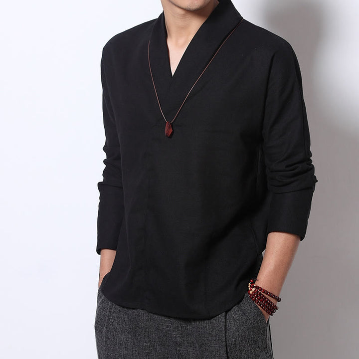 Buddha Stonesカジュアル Vネック 長袖シャツ リネン メンズ 服 - 黒 - US/UK/AU46、 EU56 (5XL) - image 6